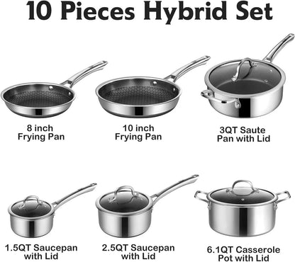 Pots and Pans Set Non Stick 10 Pcs Hybrid Stainless Steel Cookware Sets Non Stick Frying Pans Saucepans Saute Pan & Stock Pot